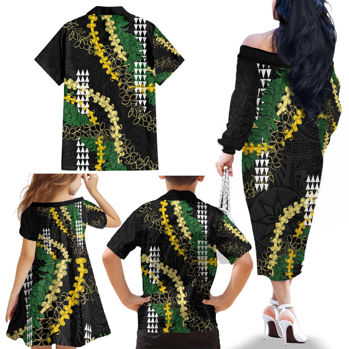 Hawaii Aloha Kakau Family Matching Off The Shoulder Long Sleeve Dress and Hawaiian Shirt Puakenikeni and Maile Lei Twist LT7 - Polynesian Pride