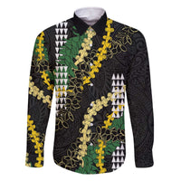 Hawaii Aloha Kakau Family Matching Off The Shoulder Long Sleeve Dress and Hawaiian Shirt Puakenikeni and Maile Lei Twist LT7 Dad's Shirt - Long Sleeve Black - Polynesian Pride