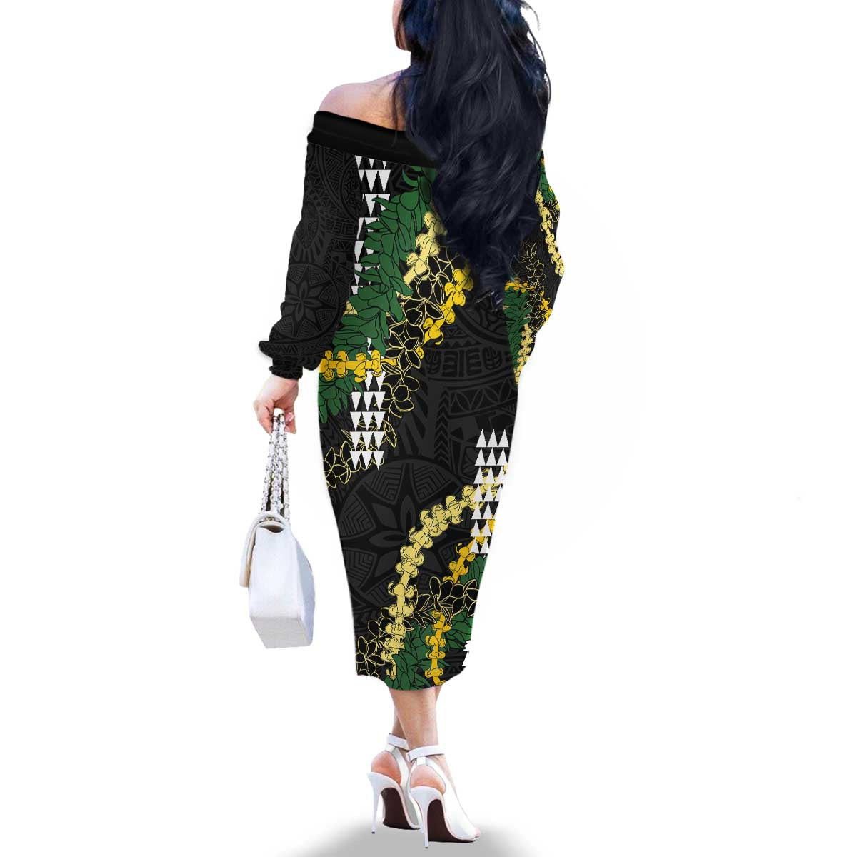 Hawaii Aloha Kakau Family Matching Off The Shoulder Long Sleeve Dress and Hawaiian Shirt Puakenikeni and Maile Lei Twist LT7 - Polynesian Pride