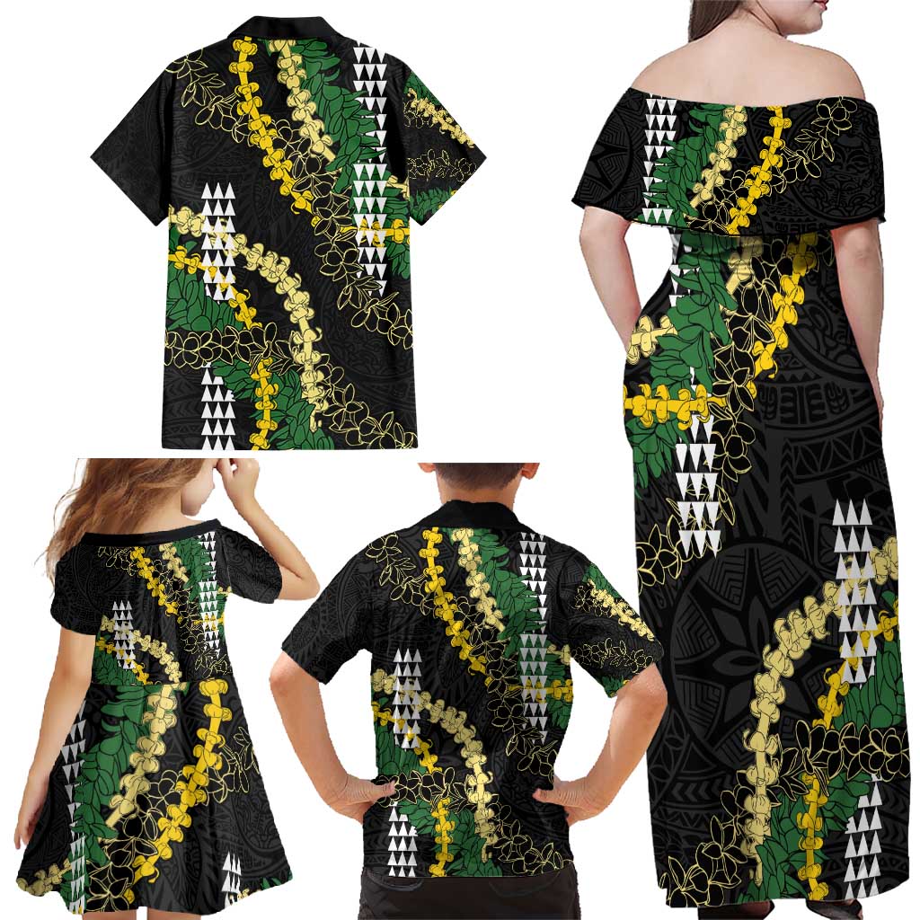 Hawaii Aloha Kakau Family Matching Off Shoulder Maxi Dress and Hawaiian Shirt Puakenikeni and Maile Lei Twist LT7 - Polynesian Pride