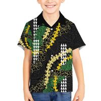 Hawaii Aloha Kakau Family Matching Off Shoulder Maxi Dress and Hawaiian Shirt Puakenikeni and Maile Lei Twist LT7 Son's Shirt Black - Polynesian Pride