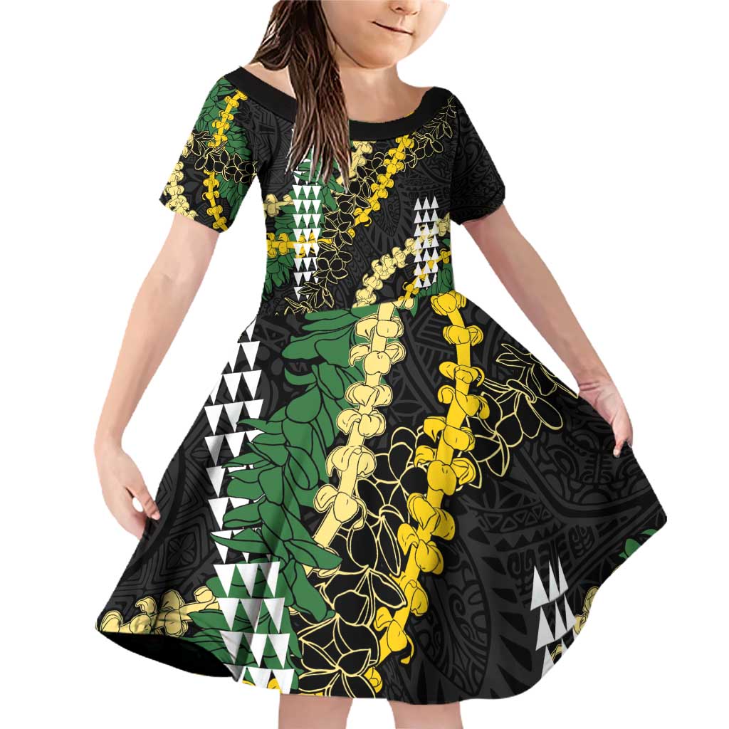 Hawaii Aloha Kakau Family Matching Off Shoulder Short Dress and Hawaiian Shirt Puakenikeni and Maile Lei Twist LT7 Daughter's Dress Black - Polynesian Pride
