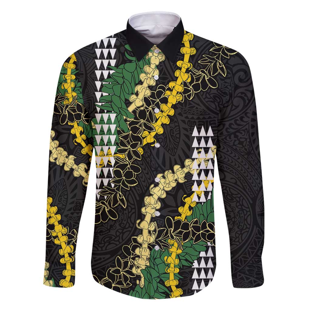 Hawaii Aloha Kakau Family Matching Puletasi and Hawaiian Shirt Puakenikeni and Maile Lei Twist LT7 Dad's Shirt - Long Sleeve Black - Polynesian Pride