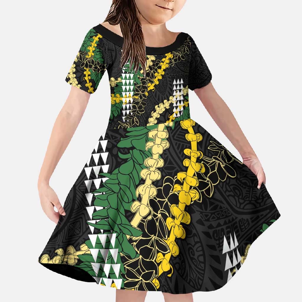 Hawaii Aloha Kakau Family Matching Summer Maxi Dress and Hawaiian Shirt Puakenikeni and Maile Lei Twist LT7 Daughter's Dress Black - Polynesian Pride