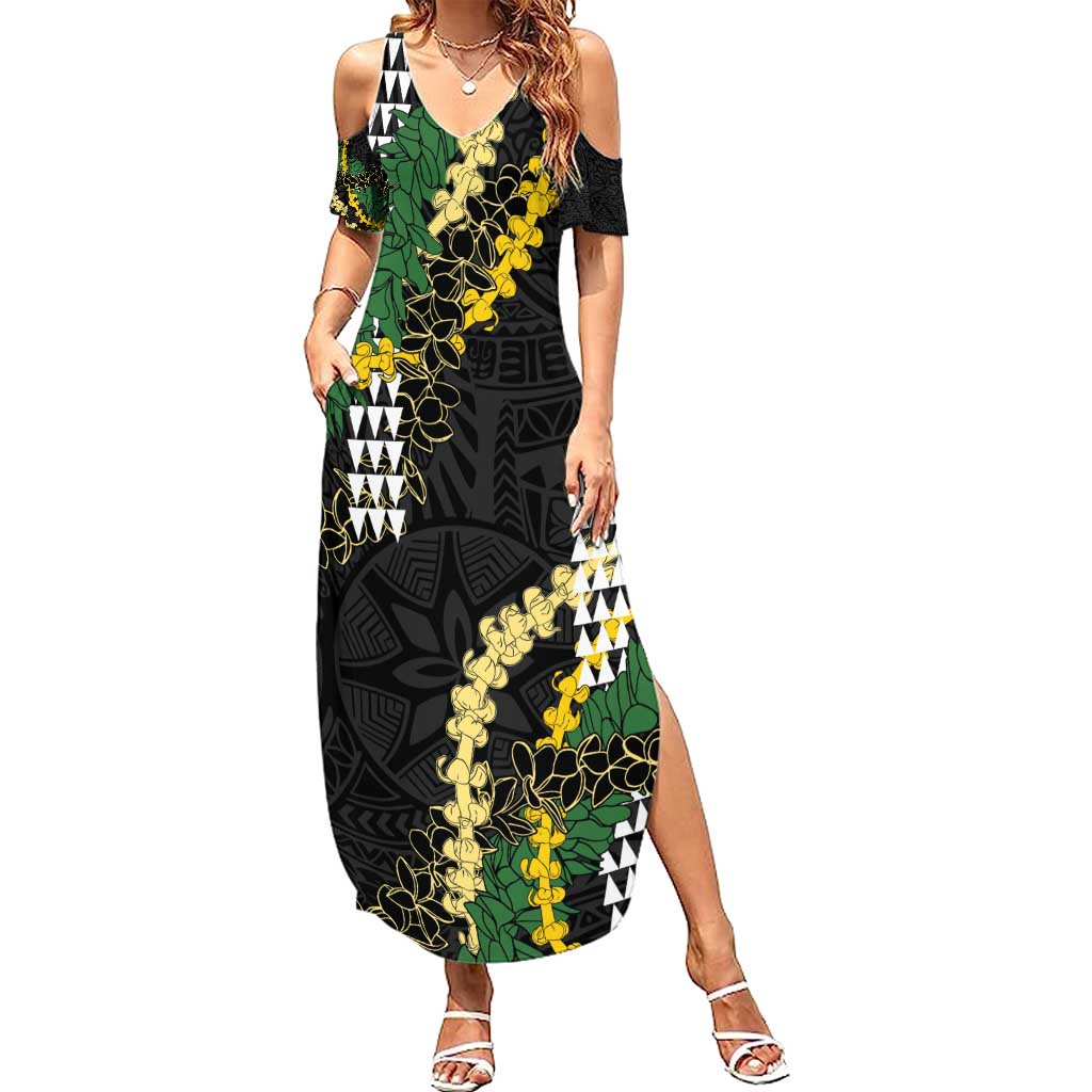 Hawaii Aloha Kakau Family Matching Summer Maxi Dress and Hawaiian Shirt Puakenikeni and Maile Lei Twist LT7 Mom's Dress Black - Polynesian Pride