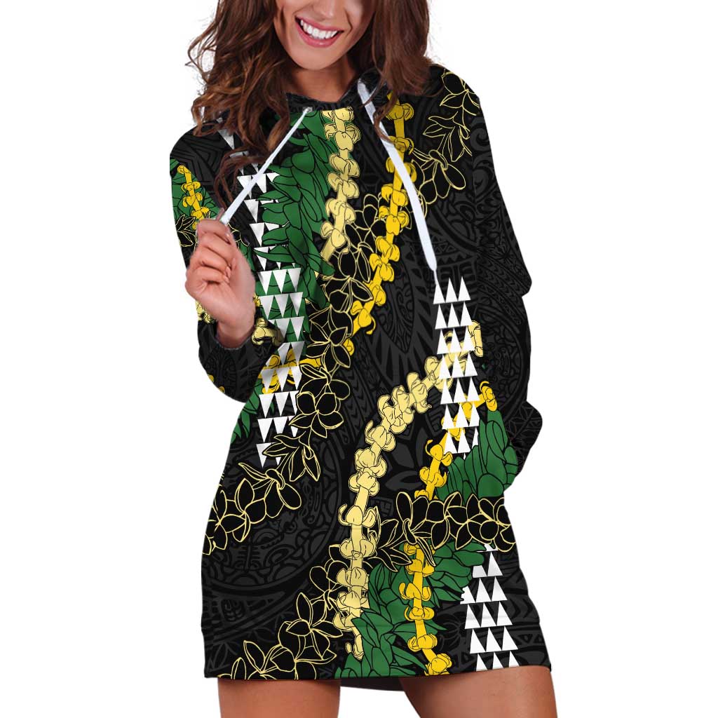 Hawaii Aloha Kakau Hoodie Dress Puakenikeni and Maile Lei Twist LT7 Black - Polynesian Pride