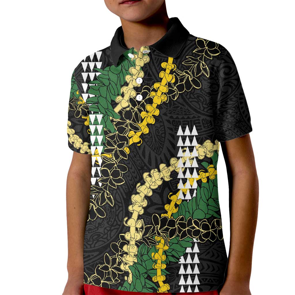 Hawaii Aloha Kakau Kid Polo Shirt Puakenikeni and Maile Lei Twist LT7 Kid Black - Polynesian Pride