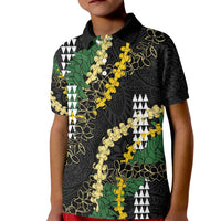 Hawaii Aloha Kakau Kid Polo Shirt Puakenikeni and Maile Lei Twist LT7 Kid Black - Polynesian Pride