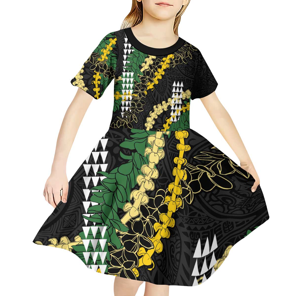 Hawaii Aloha Kakau Kid Short Sleeve Dress Puakenikeni and Maile Lei Twist LT7 - Polynesian Pride