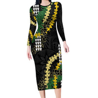 Hawaii Aloha Kakau Long Sleeve Bodycon Dress Puakenikeni and Maile Lei Twist LT7 Long Dress Black - Polynesian Pride