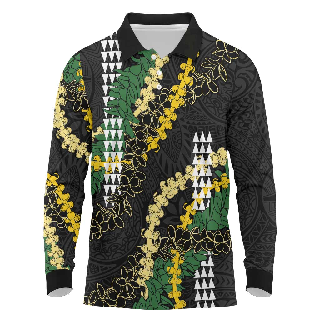 Hawaii Aloha Kakau Long Sleeve Polo Shirt Puakenikeni and Maile Lei Twist LT7 Black - Polynesian Pride