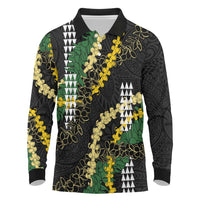 Hawaii Aloha Kakau Long Sleeve Polo Shirt Puakenikeni and Maile Lei Twist LT7 Black - Polynesian Pride