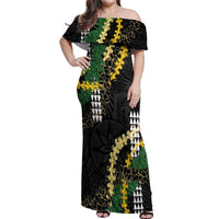 Hawaii Aloha Kakau Off Shoulder Maxi Dress Puakenikeni and Maile Lei Twist LT7 Women Black - Polynesian Pride