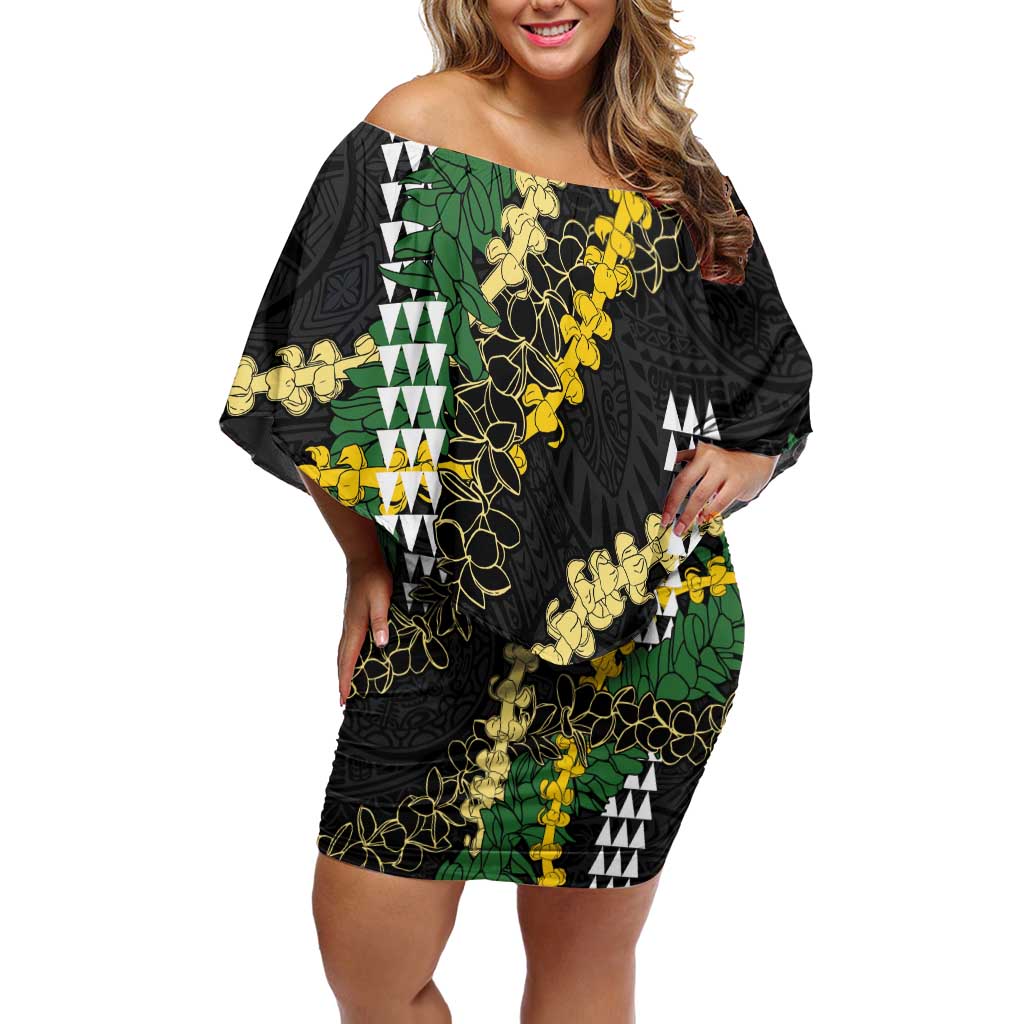 Hawaii Aloha Kakau Off Shoulder Short Dress Puakenikeni and Maile Lei Twist LT7 Women Black - Polynesian Pride