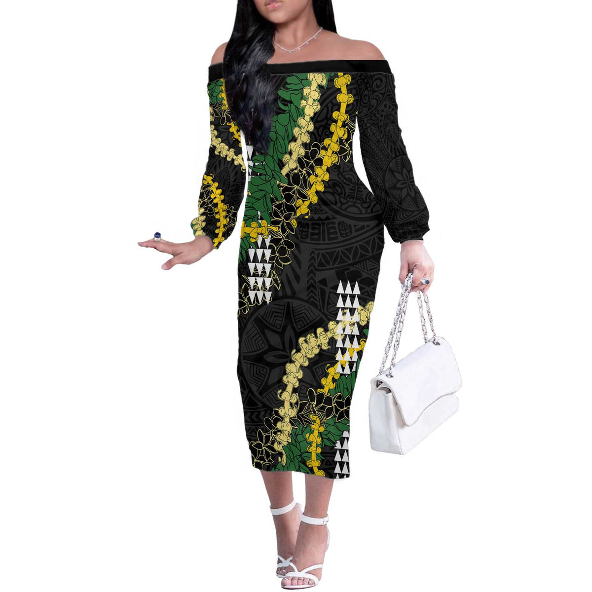 Hawaii Aloha Kakau Off The Shoulder Long Sleeve Dress Puakenikeni and Maile Lei Twist LT7 Women Black - Polynesian Pride