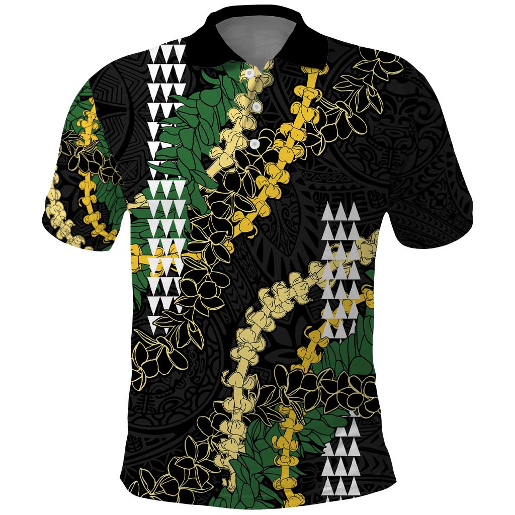 Hawaii Aloha Kakau Polo Shirt Puakenikeni and Maile Lei Twist LT7 Black - Polynesian Pride