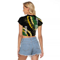Hawaii Aloha Kakau Raglan Cropped T Shirt Puakenikeni and Maile Lei Twist LT7 - Polynesian Pride