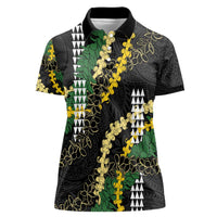 Hawaii Aloha Kakau Women Polo Shirt Puakenikeni and Maile Lei Twist LT7 Female Black - Polynesian Pride