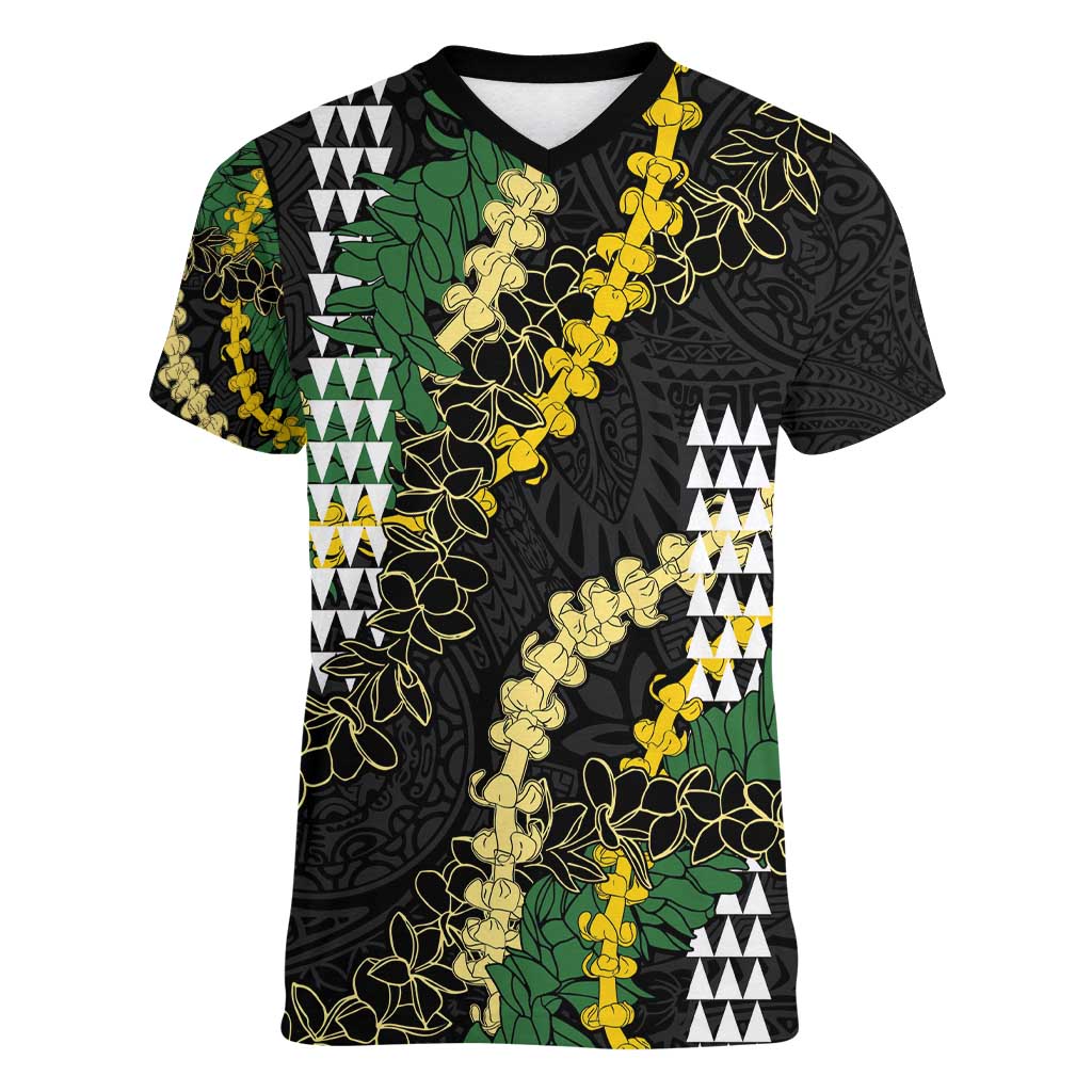 Hawaii Aloha Kakau Women V-Neck T-Shirt Puakenikeni and Maile Lei Twist LT7 Female Black - Polynesian Pride