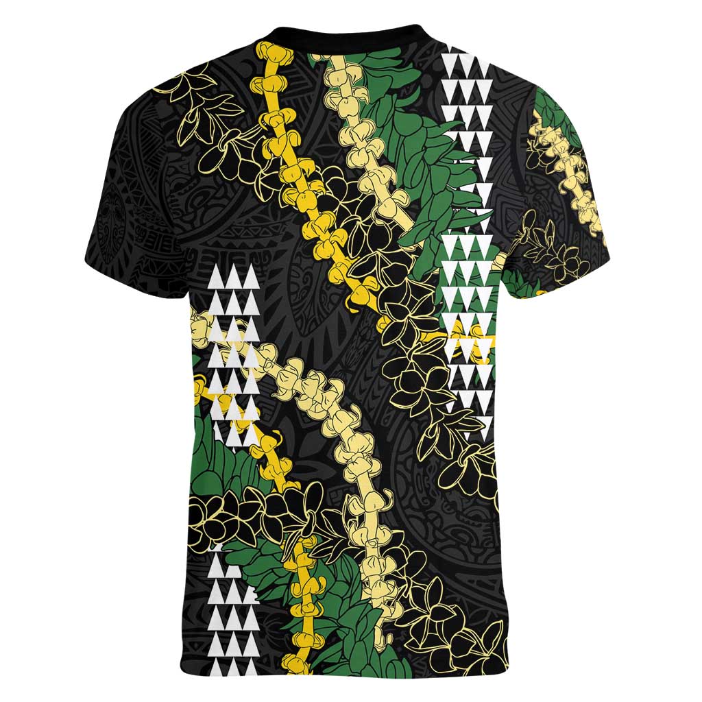 Hawaii Aloha Kakau Women V-Neck T-Shirt Puakenikeni and Maile Lei Twist LT7 - Polynesian Pride