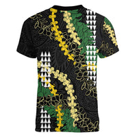 Hawaii Aloha Kakau Women V-Neck T-Shirt Puakenikeni and Maile Lei Twist LT7 - Polynesian Pride