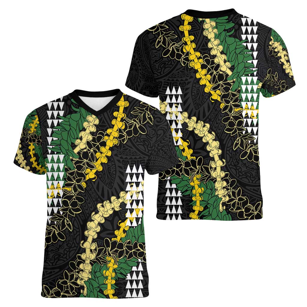 Hawaii Aloha Kakau Women V-Neck T-Shirt Puakenikeni and Maile Lei Twist LT7 - Polynesian Pride