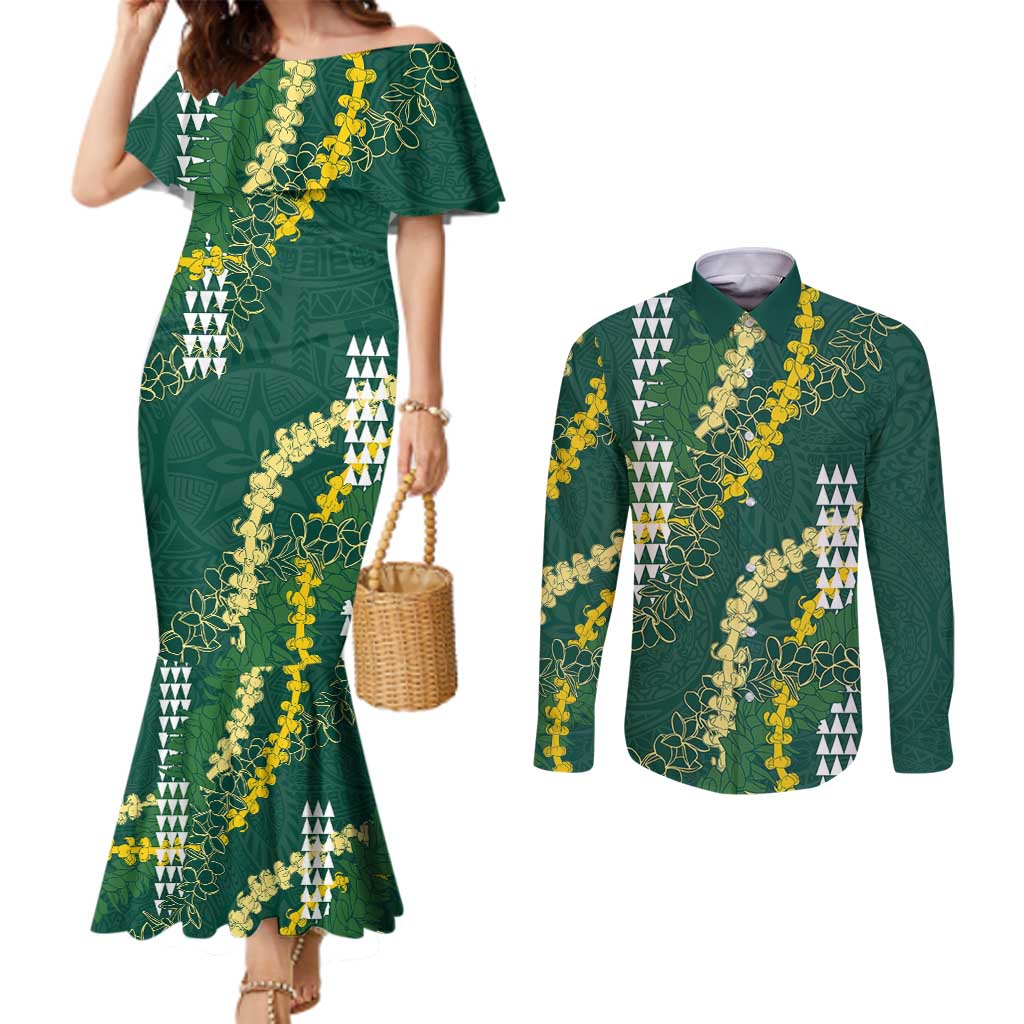 Hawaii Aloha Kakau Couples Matching Mermaid Dress and Long Sleeve Button Shirt Green Puakenikeni and Maile Lei Twist LT7 Green - Polynesian Pride