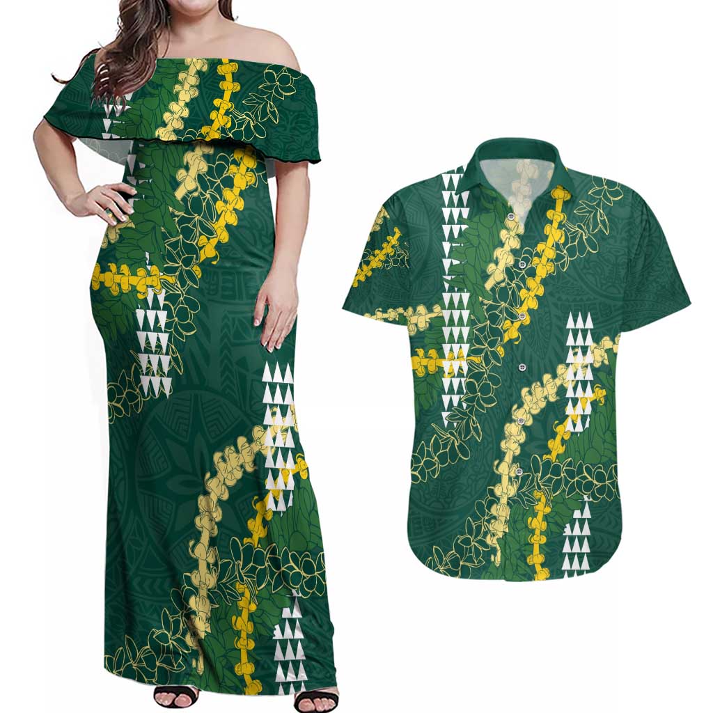 Hawaii Aloha Kakau Couples Matching Off Shoulder Maxi Dress and Hawaiian Shirt Green Puakenikeni and Maile Lei Twist LT7 Green - Polynesian Pride