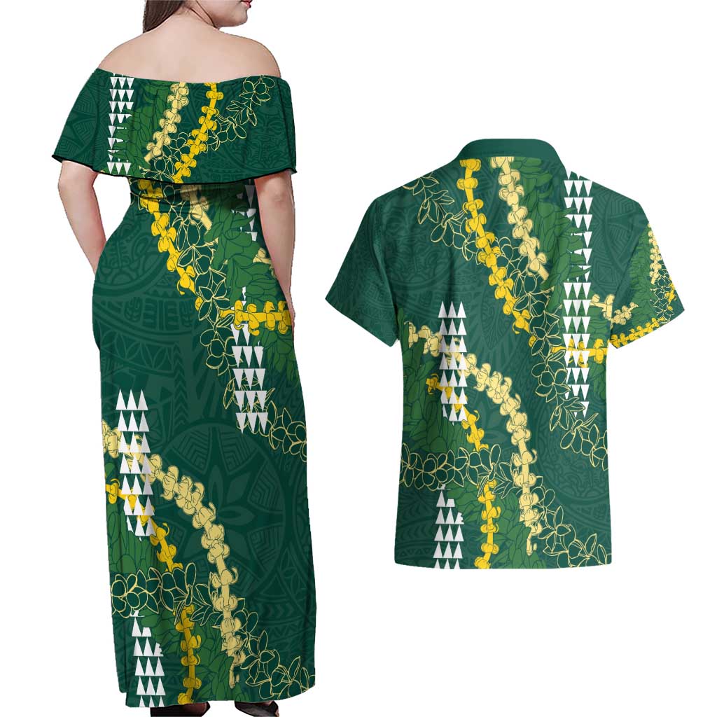 Hawaii Aloha Kakau Couples Matching Off Shoulder Maxi Dress and Hawaiian Shirt Green Puakenikeni and Maile Lei Twist LT7 - Polynesian Pride