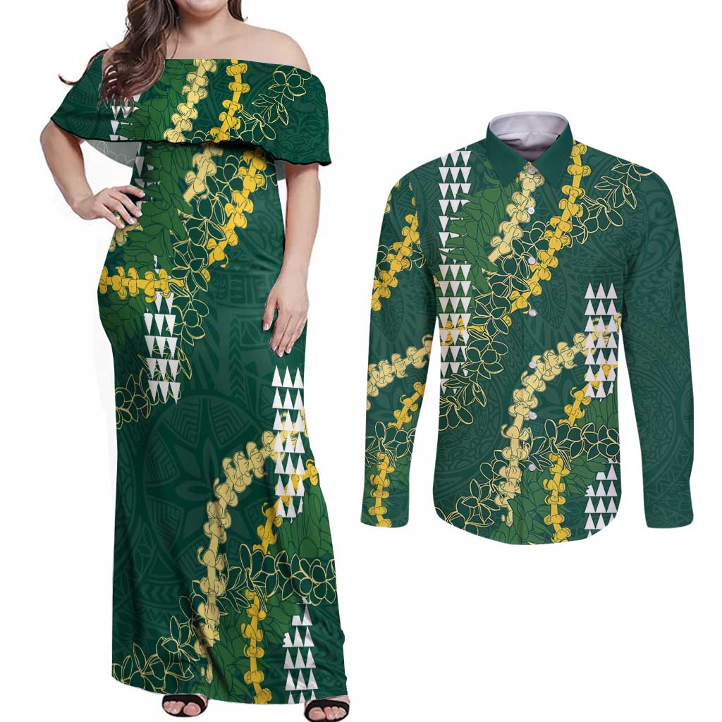 Hawaii Aloha Kakau Couples Matching Off Shoulder Maxi Dress and Long Sleeve Button Shirt Green Puakenikeni and Maile Lei Twist LT7 Green - Polynesian Pride
