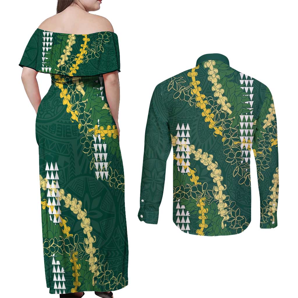 Hawaii Aloha Kakau Couples Matching Off Shoulder Maxi Dress and Long Sleeve Button Shirt Green Puakenikeni and Maile Lei Twist LT7 - Polynesian Pride