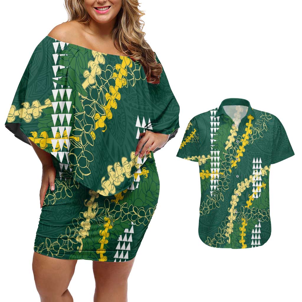 Hawaii Aloha Kakau Couples Matching Off Shoulder Short Dress and Hawaiian Shirt Green Puakenikeni and Maile Lei Twist LT7 Green - Polynesian Pride