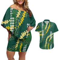 Hawaii Aloha Kakau Couples Matching Off Shoulder Short Dress and Hawaiian Shirt Green Puakenikeni and Maile Lei Twist LT7 Green - Polynesian Pride