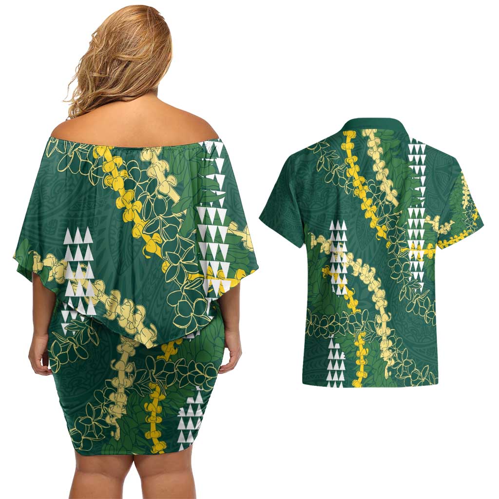 Hawaii Aloha Kakau Couples Matching Off Shoulder Short Dress and Hawaiian Shirt Green Puakenikeni and Maile Lei Twist LT7 - Polynesian Pride