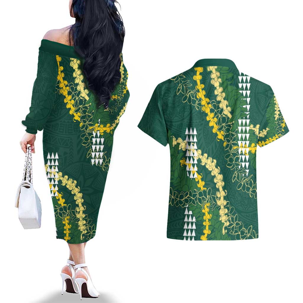 Hawaii Aloha Kakau Couples Matching Off The Shoulder Long Sleeve Dress and Hawaiian Shirt Green Puakenikeni and Maile Lei Twist LT7 - Polynesian Pride
