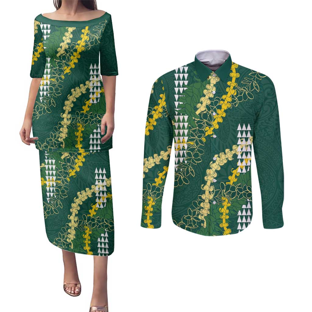 Hawaii Aloha Kakau Couples Matching Puletasi and Long Sleeve Button Shirt Green Puakenikeni and Maile Lei Twist LT7 Green - Polynesian Pride