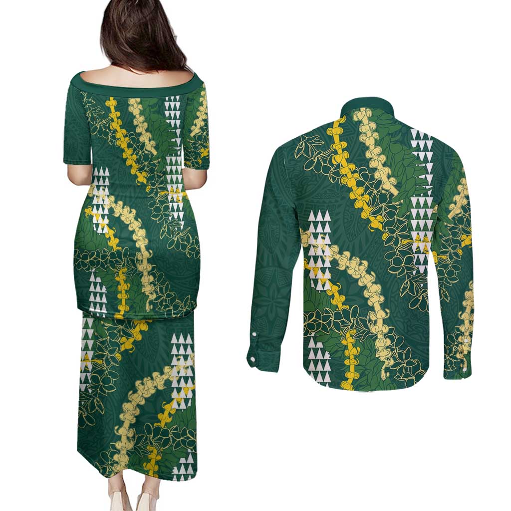 Hawaii Aloha Kakau Couples Matching Puletasi and Long Sleeve Button Shirt Green Puakenikeni and Maile Lei Twist LT7 - Polynesian Pride