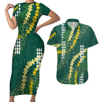 Hawaii Aloha Kakau Couples Matching Short Sleeve Bodycon Dress and Hawaiian Shirt Green Puakenikeni and Maile Lei Twist LT7 Green - Polynesian Pride