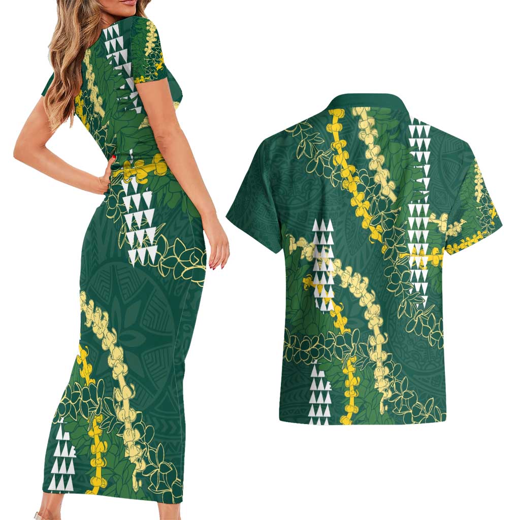 Hawaii Aloha Kakau Couples Matching Short Sleeve Bodycon Dress and Hawaiian Shirt Green Puakenikeni and Maile Lei Twist LT7 - Polynesian Pride
