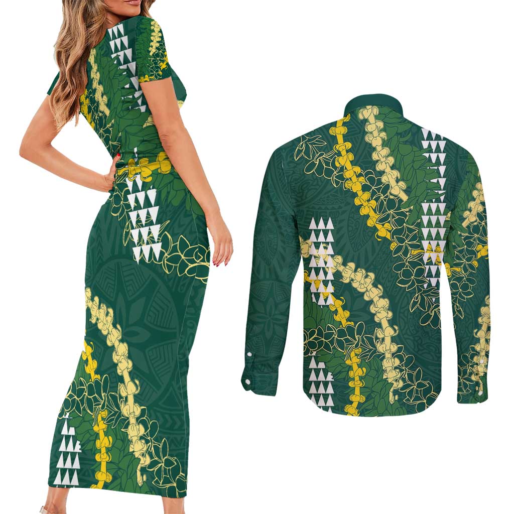 Hawaii Aloha Kakau Couples Matching Short Sleeve Bodycon Dress and Long Sleeve Button Shirt Green Puakenikeni and Maile Lei Twist LT7 - Polynesian Pride
