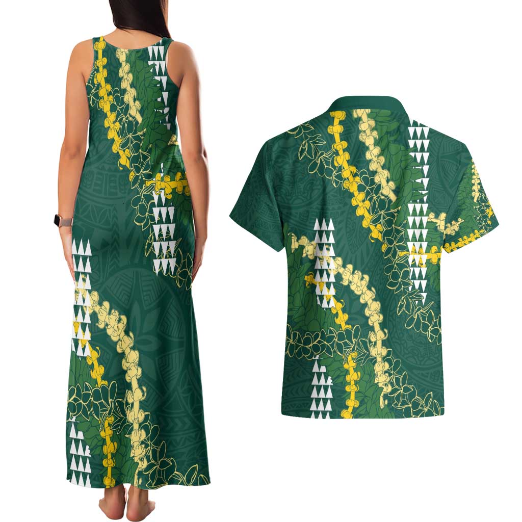 Hawaii Aloha Kakau Couples Matching Tank Maxi Dress and Hawaiian Shirt Green Puakenikeni and Maile Lei Twist LT7 - Polynesian Pride