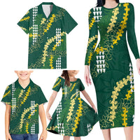 Hawaii Aloha Kakau Family Matching Long Sleeve Bodycon Dress and Hawaiian Shirt Green Puakenikeni and Maile Lei Twist LT7 - Polynesian Pride