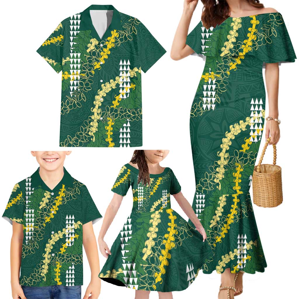 Hawaii Aloha Kakau Family Matching Mermaid Dress and Hawaiian Shirt Green Puakenikeni and Maile Lei Twist LT7 - Polynesian Pride