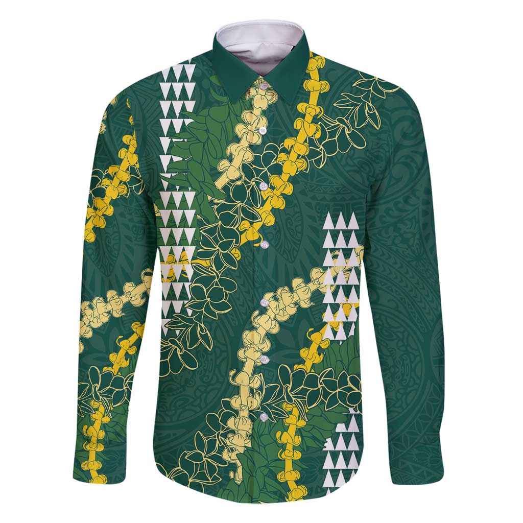 Hawaii Aloha Kakau Family Matching Off Shoulder Maxi Dress and Hawaiian Shirt Green Puakenikeni and Maile Lei Twist LT7 Dad's Shirt - Long Sleeve Green - Polynesian Pride