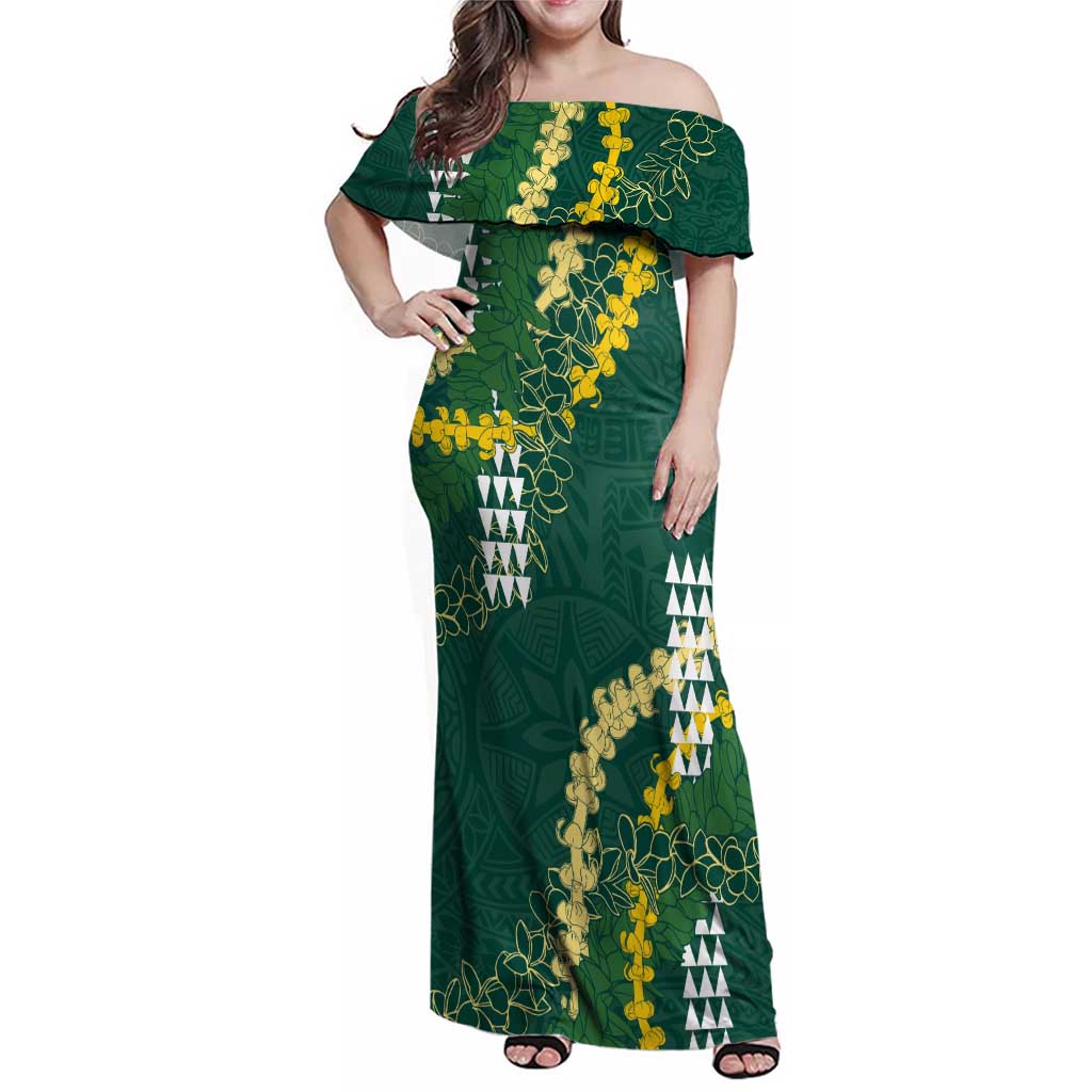 Hawaii Aloha Kakau Family Matching Off Shoulder Maxi Dress and Hawaiian Shirt Green Puakenikeni and Maile Lei Twist LT7 Mom's Dress Green - Polynesian Pride