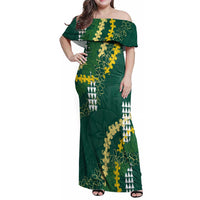 Hawaii Aloha Kakau Family Matching Off Shoulder Maxi Dress and Hawaiian Shirt Green Puakenikeni and Maile Lei Twist LT7 Mom's Dress Green - Polynesian Pride