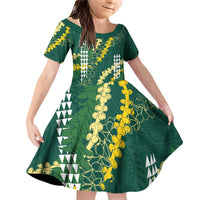 Hawaii Aloha Kakau Family Matching Off Shoulder Short Dress and Hawaiian Shirt Green Puakenikeni and Maile Lei Twist LT7 Daughter's Dress Green - Polynesian Pride