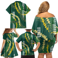 Hawaii Aloha Kakau Family Matching Off Shoulder Short Dress and Hawaiian Shirt Green Puakenikeni and Maile Lei Twist LT7 - Polynesian Pride