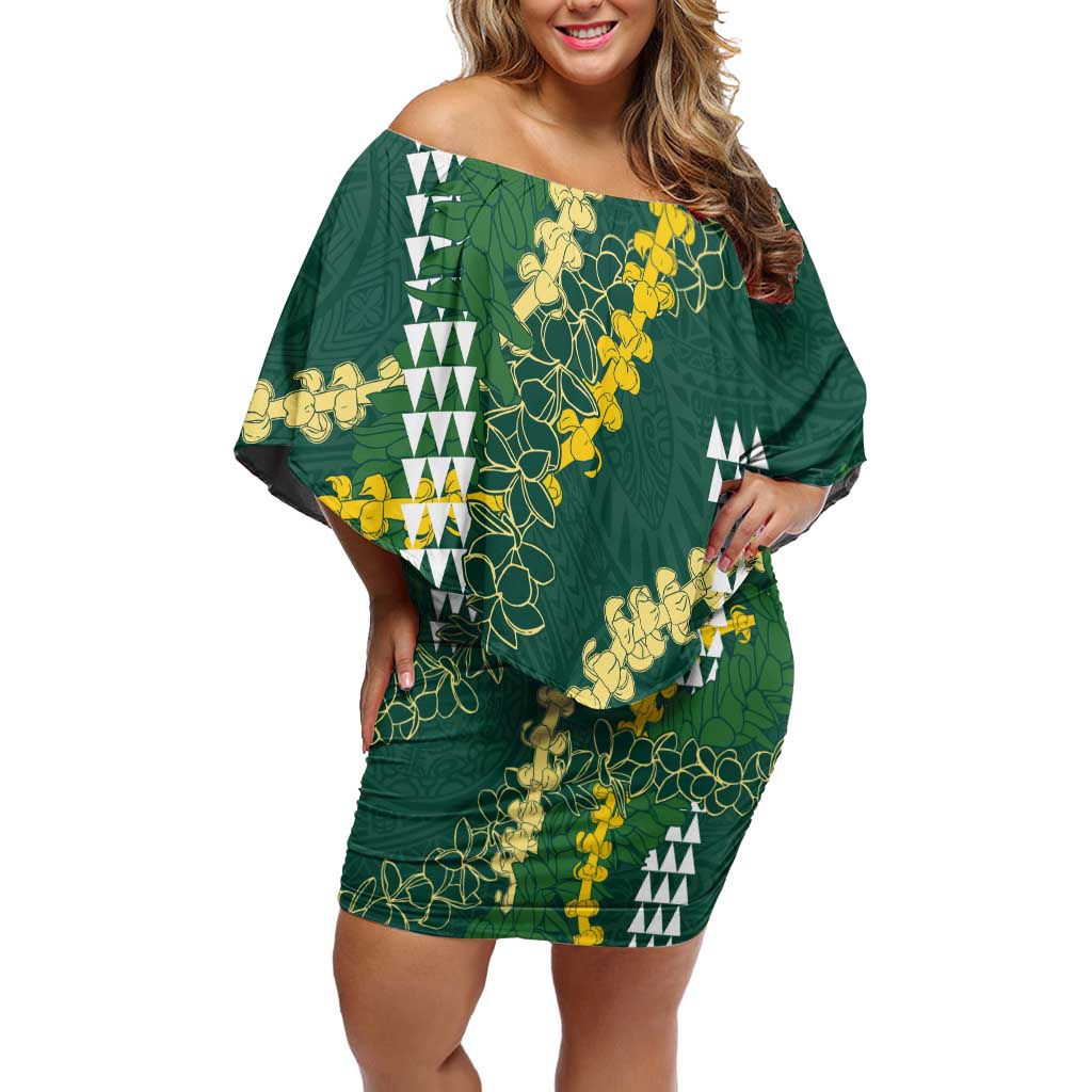 Hawaii Aloha Kakau Family Matching Off Shoulder Short Dress and Hawaiian Shirt Green Puakenikeni and Maile Lei Twist LT7 Mom's Dress Green - Polynesian Pride