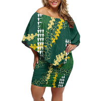 Hawaii Aloha Kakau Family Matching Off Shoulder Short Dress and Hawaiian Shirt Green Puakenikeni and Maile Lei Twist LT7 Mom's Dress Green - Polynesian Pride